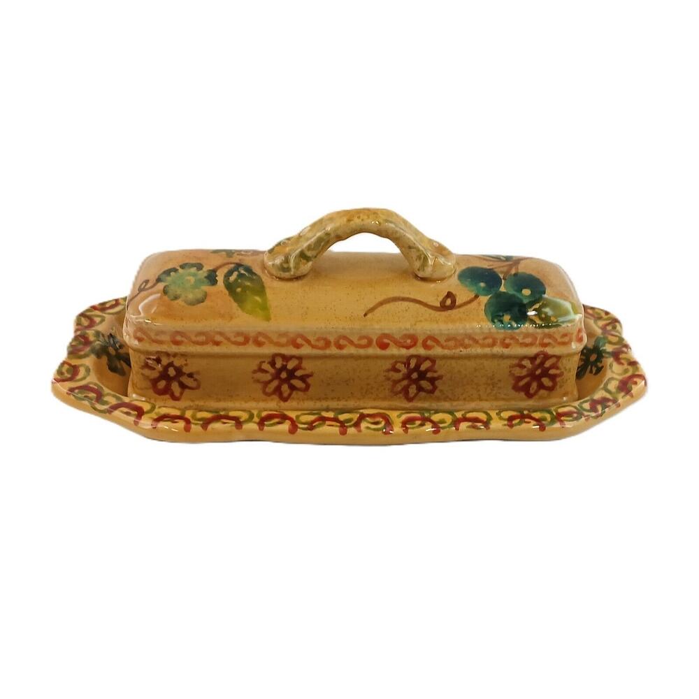 Vintage Golden Harvest Covered Butter Dish Floral Yellow Stoneware w/ Handle 9"